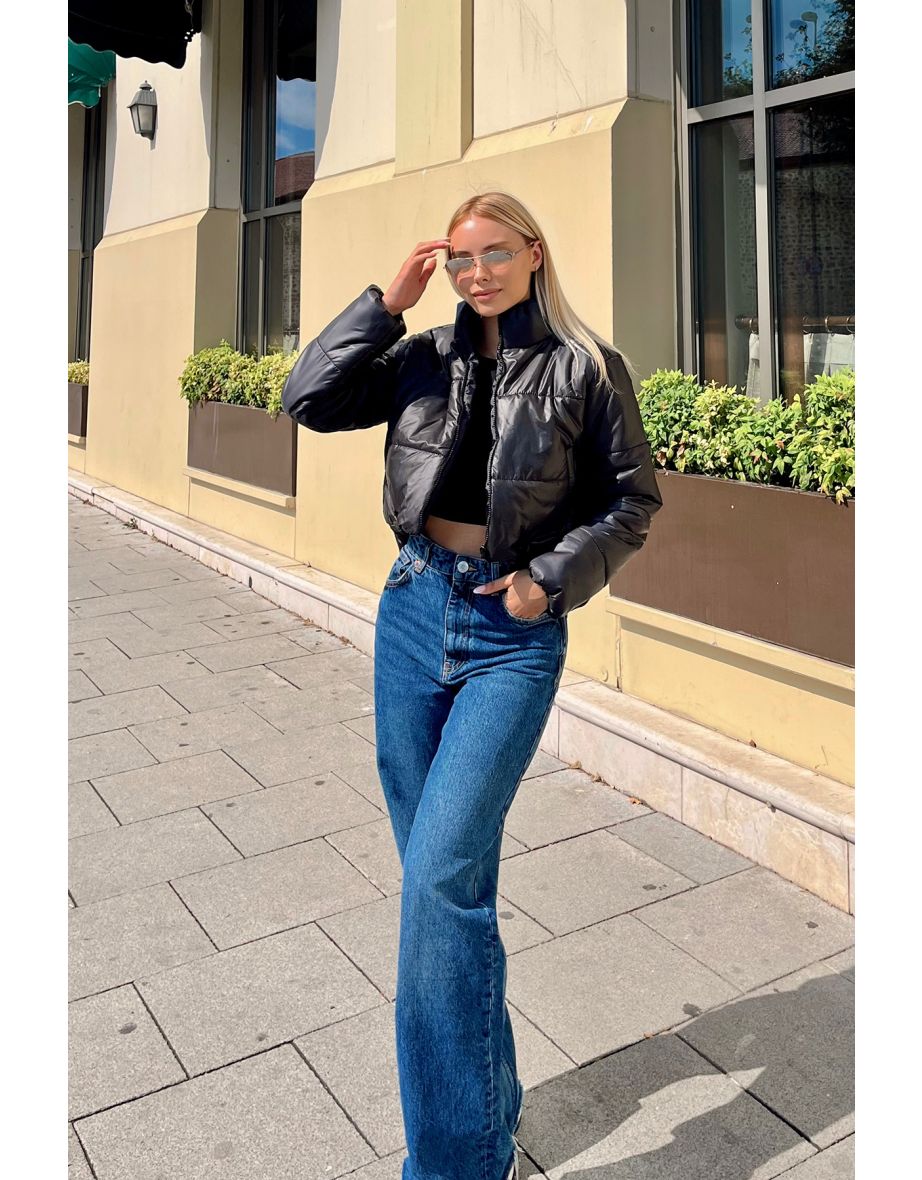 Women's Black Standing Collar Double Pocketed Inflatable Puffer jacket with Elastic Waist