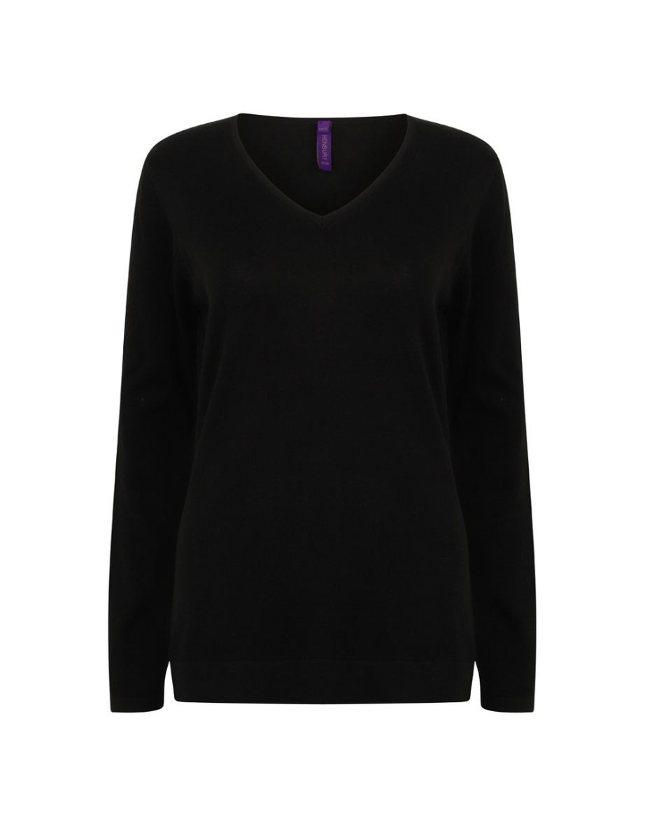 Henbury Womens/Ladies Cotton Acrylic V Neck Sweatshirt - Black