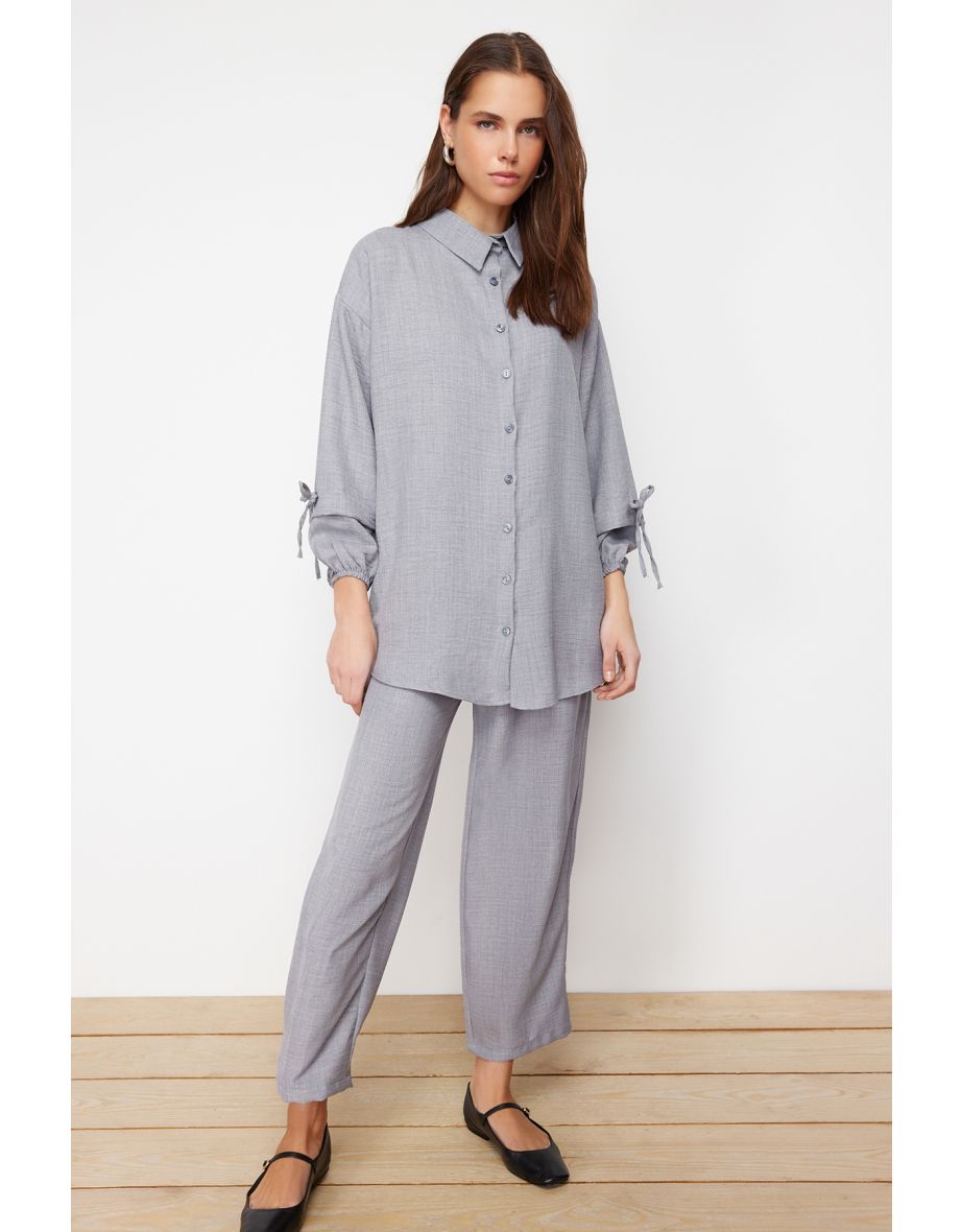 Gray Linen Look Woven Two Piece Set