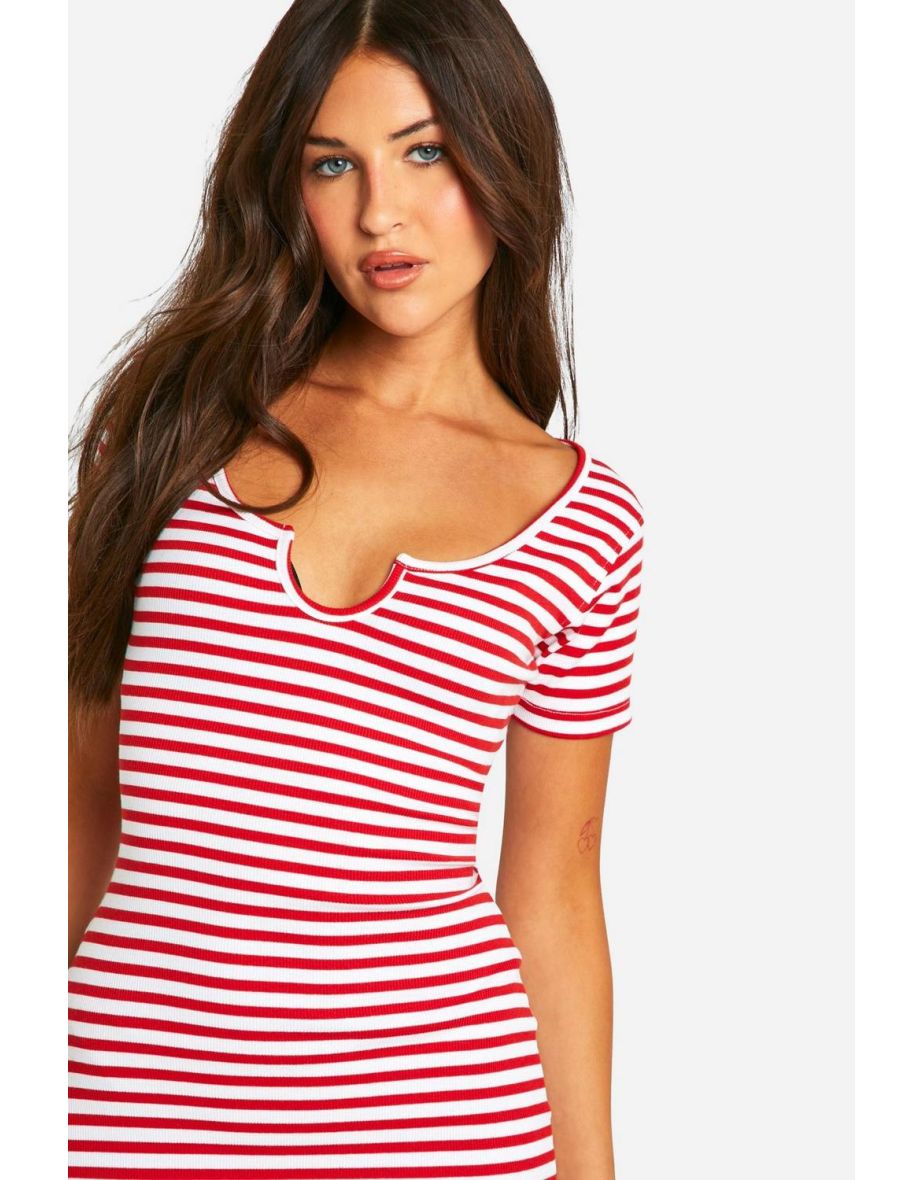 Basic Stripe Rib Notch Maxi Dress - 3