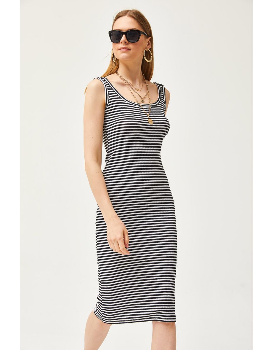 Women's Striped Black Thick Strap Lycra Midi Dress - 5