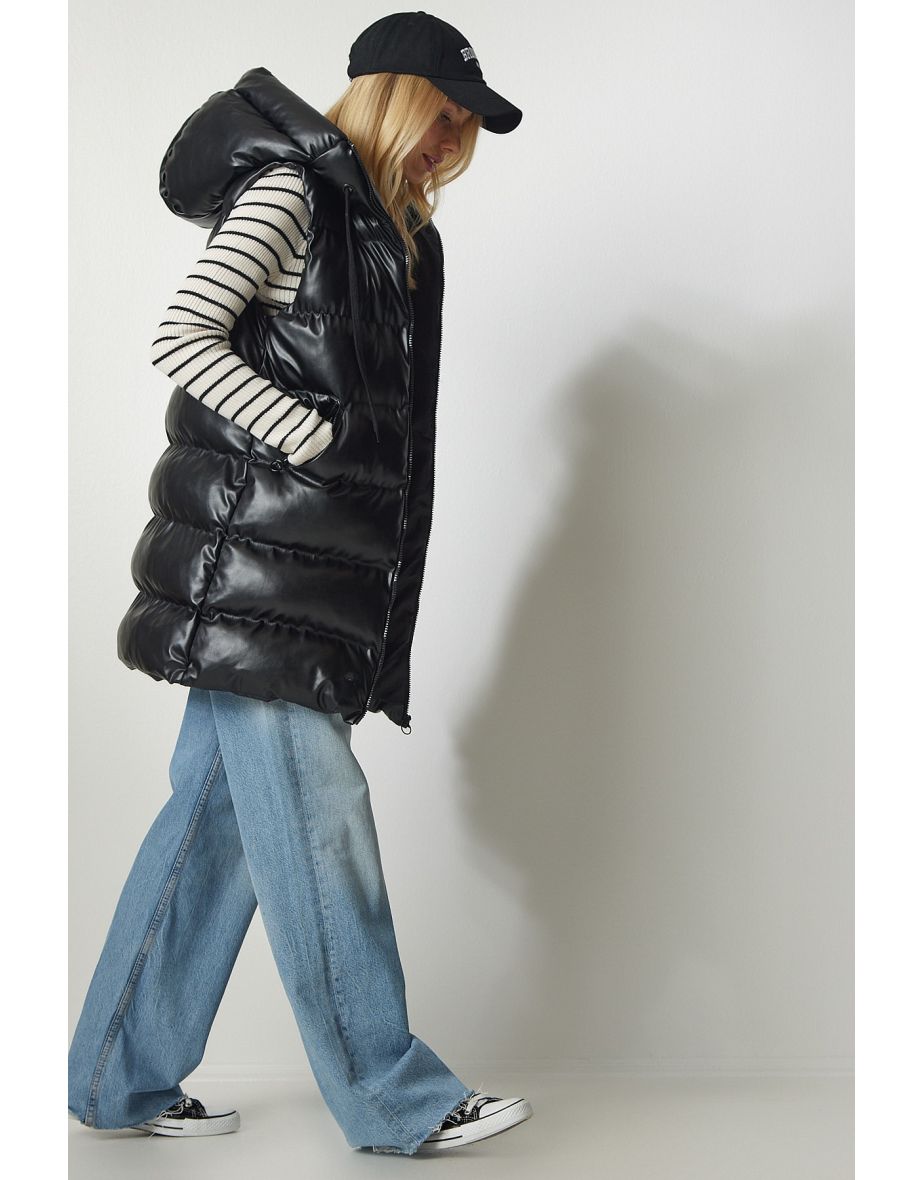 Women's Black Hooded Long Inflatable Faux Leather Vest