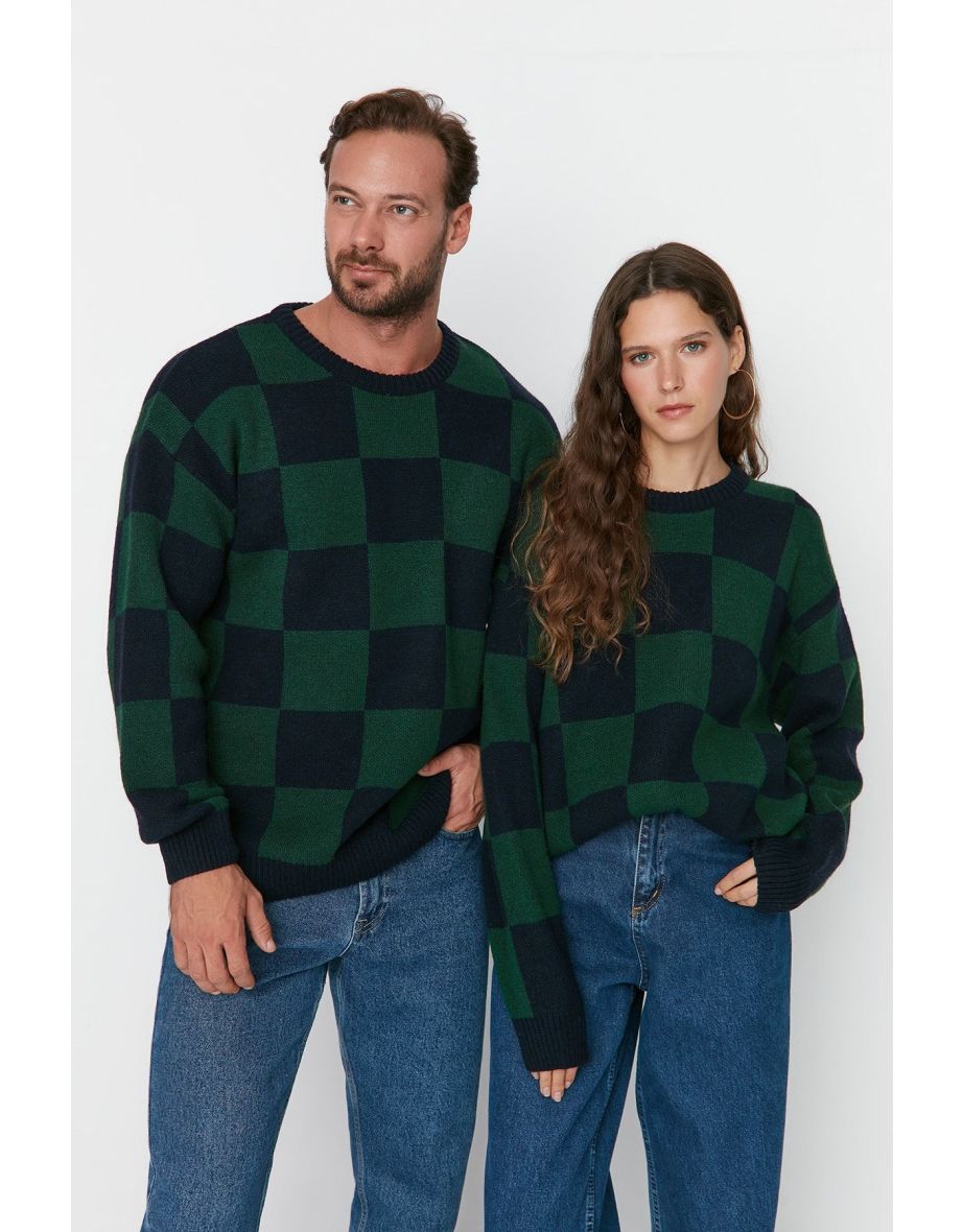Multicolor Unisex Oversize Wide Fit Crew Neck Checked Knitwear Sweater