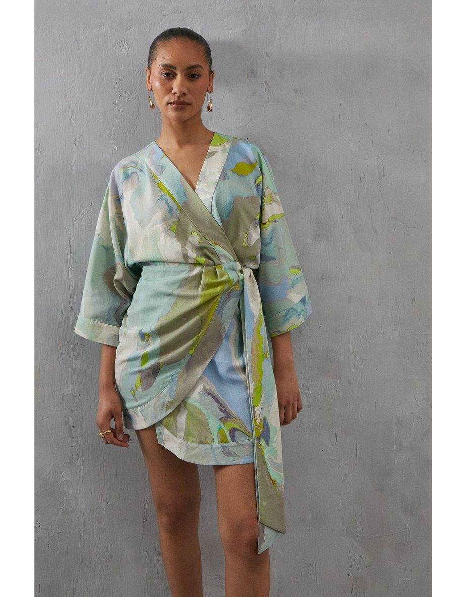 Linen Wrap Marble Print Kimono Mini Dress