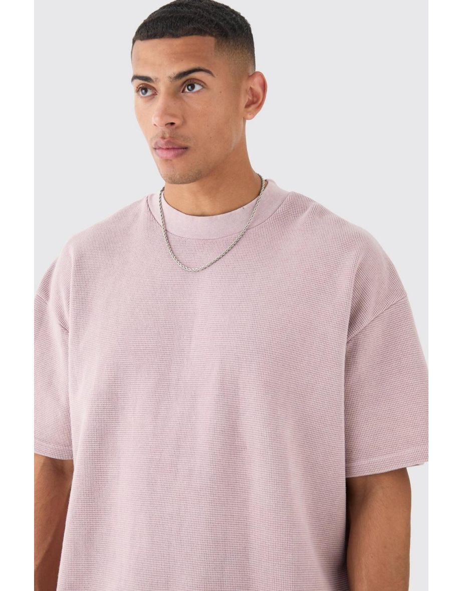 Oversized Washed Heavyweight Waffle T-shirt - pink - 2