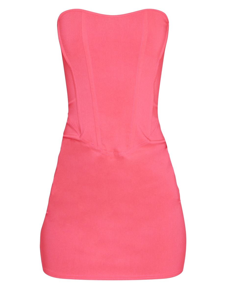 Hot Pink Stretch Woven Bandeau Corset Bodycon Dress - 4