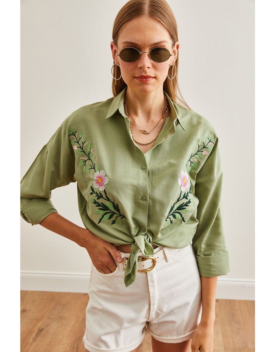 Women's Violet Mold Green Embroidery Detailed Oversize Woven Shirt