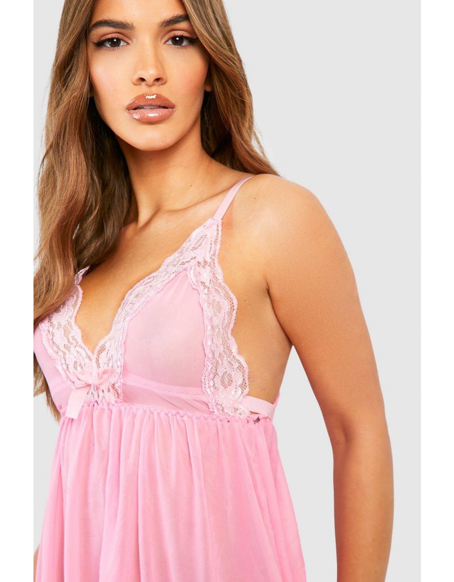 Valentines Mesh and Lace Babydoll and String Set - hot pink - 3