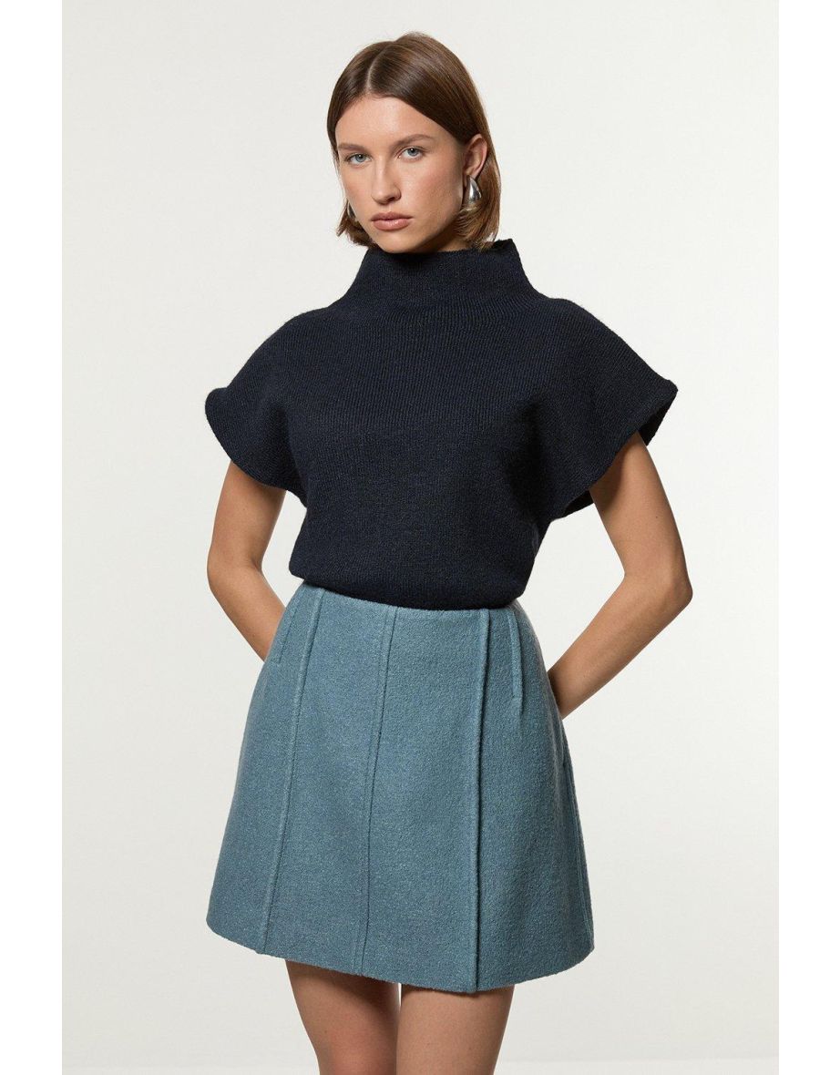 Textured Wool Blend Darted Tailored Midi Skirt