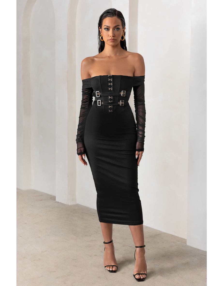 Precious Treasure | Black Bardot Corset Buckle Detail Midi Dress With Mesh Sleeves - 3