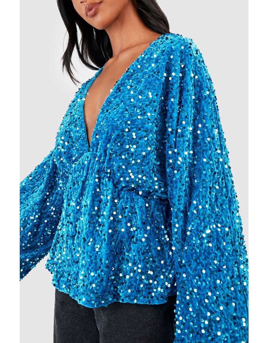 Petite Velvet Sequin Volume Sleeve Peplum Top - turquoise - 3