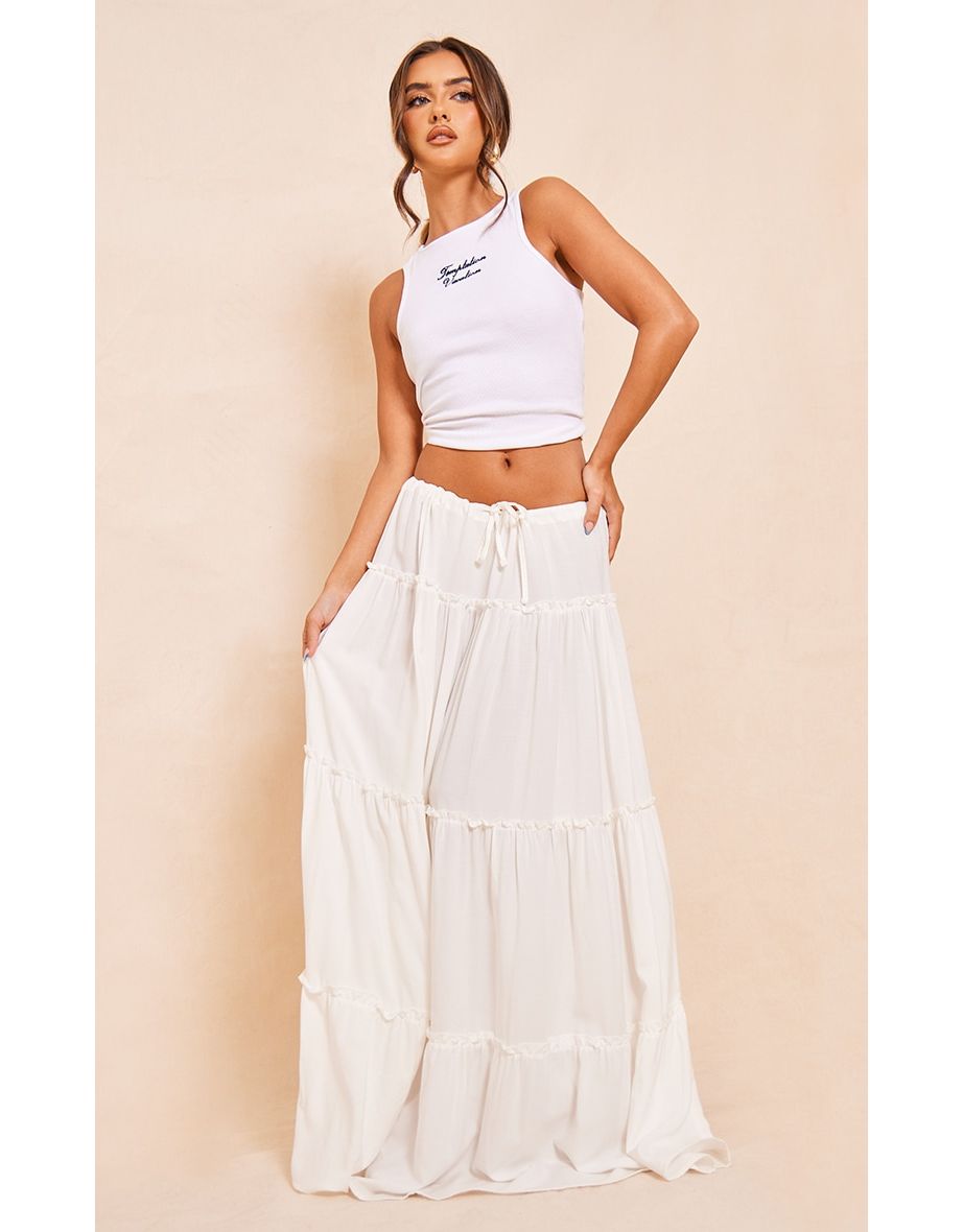 Shop White Cotton Low Rise Drawstring Waist Tiered Maxi Skirt Online in Oman VogaCloset