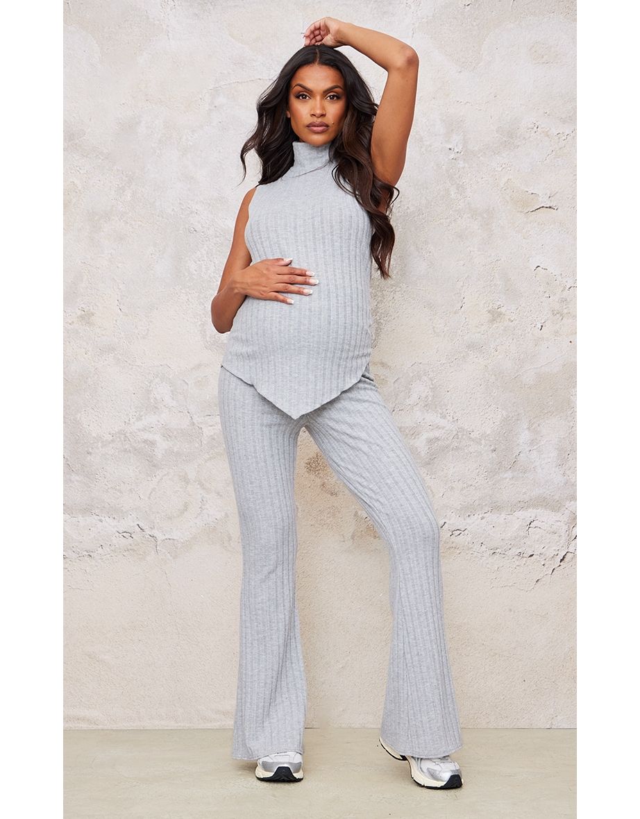 Maternity Grey Brushed Rib Flare Trousers