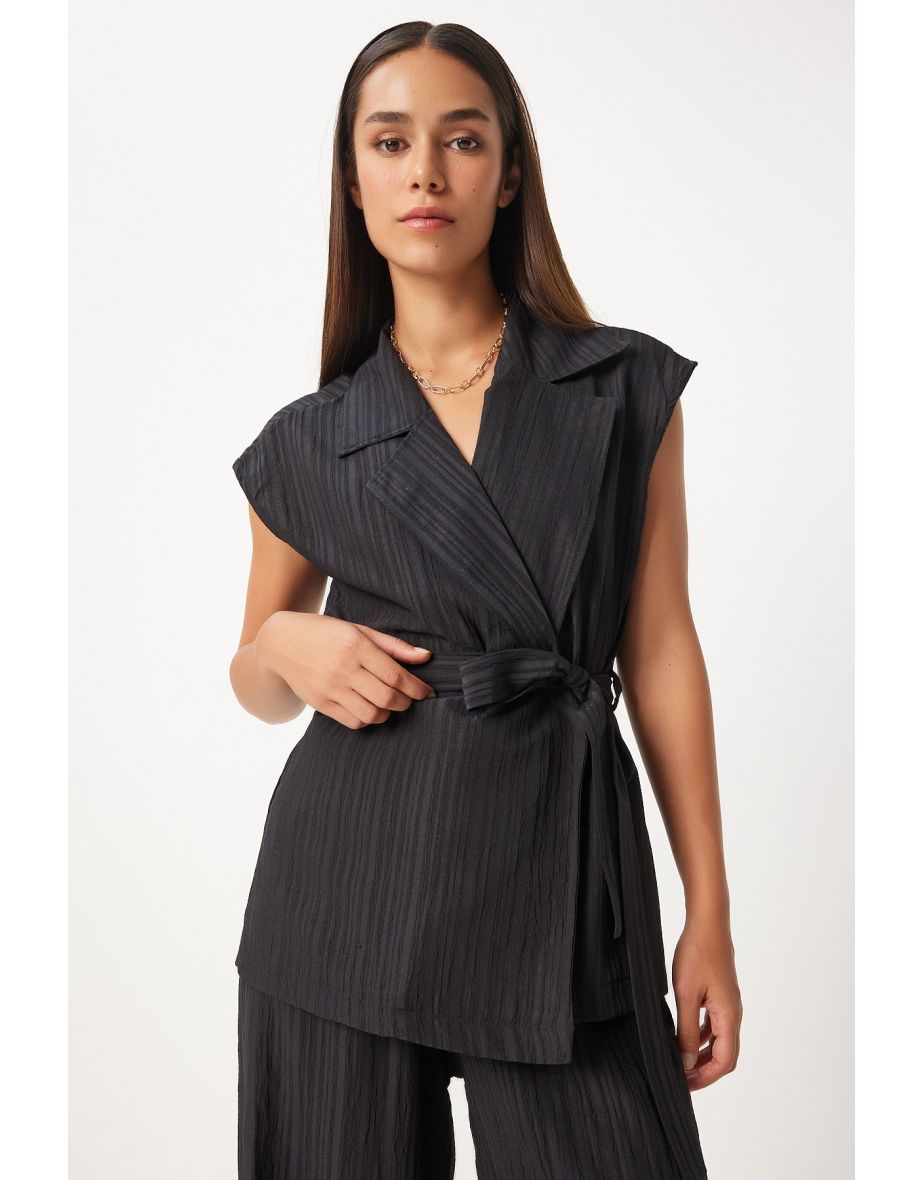 Women's Black Belted Vest Palazzo Knitted Suit - 6