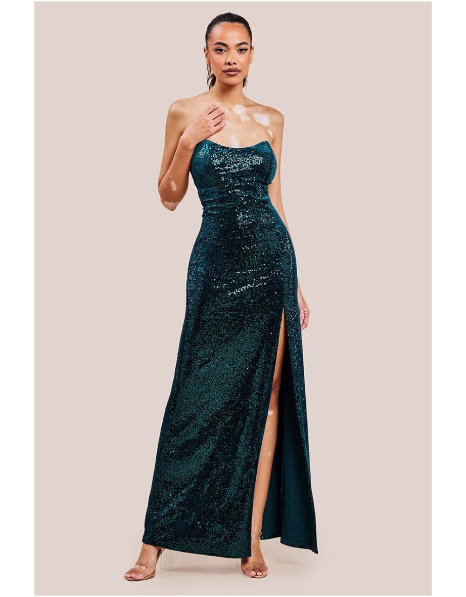 Goddiva Sequin Velvet Bandeau Maxi Dress - Emerald Green
