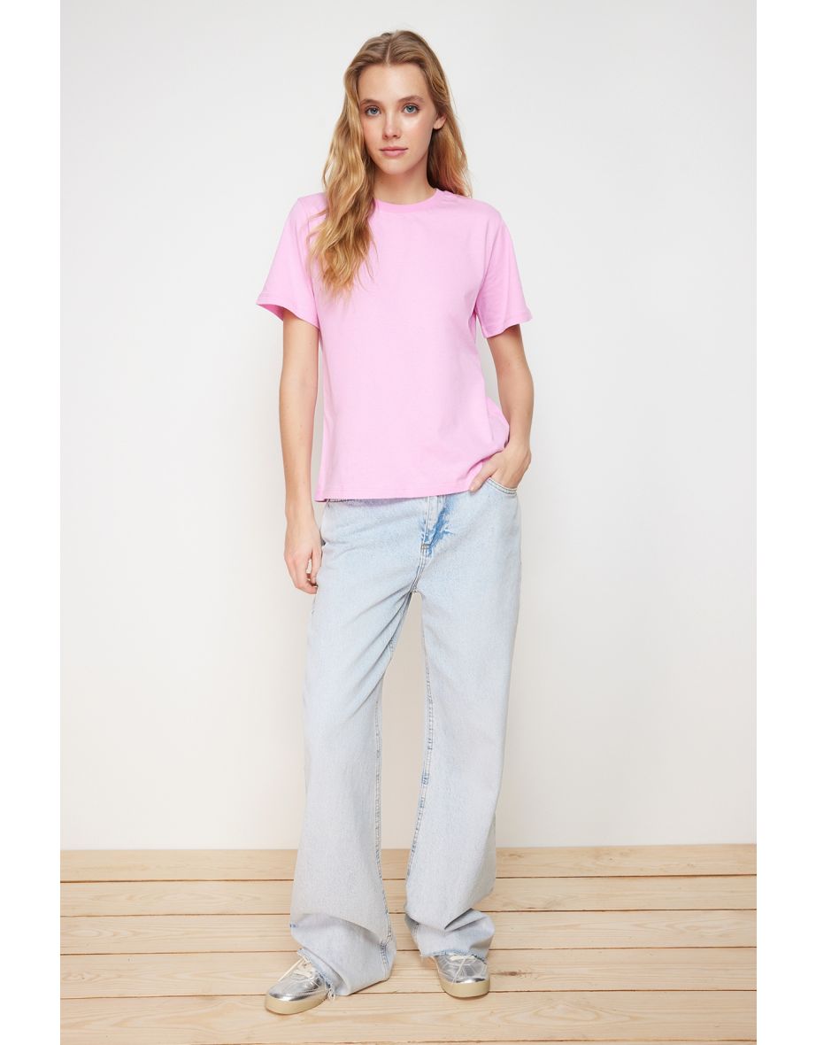 Pink 100% Cotton Basic Crew Neck Knitted T-Shirt