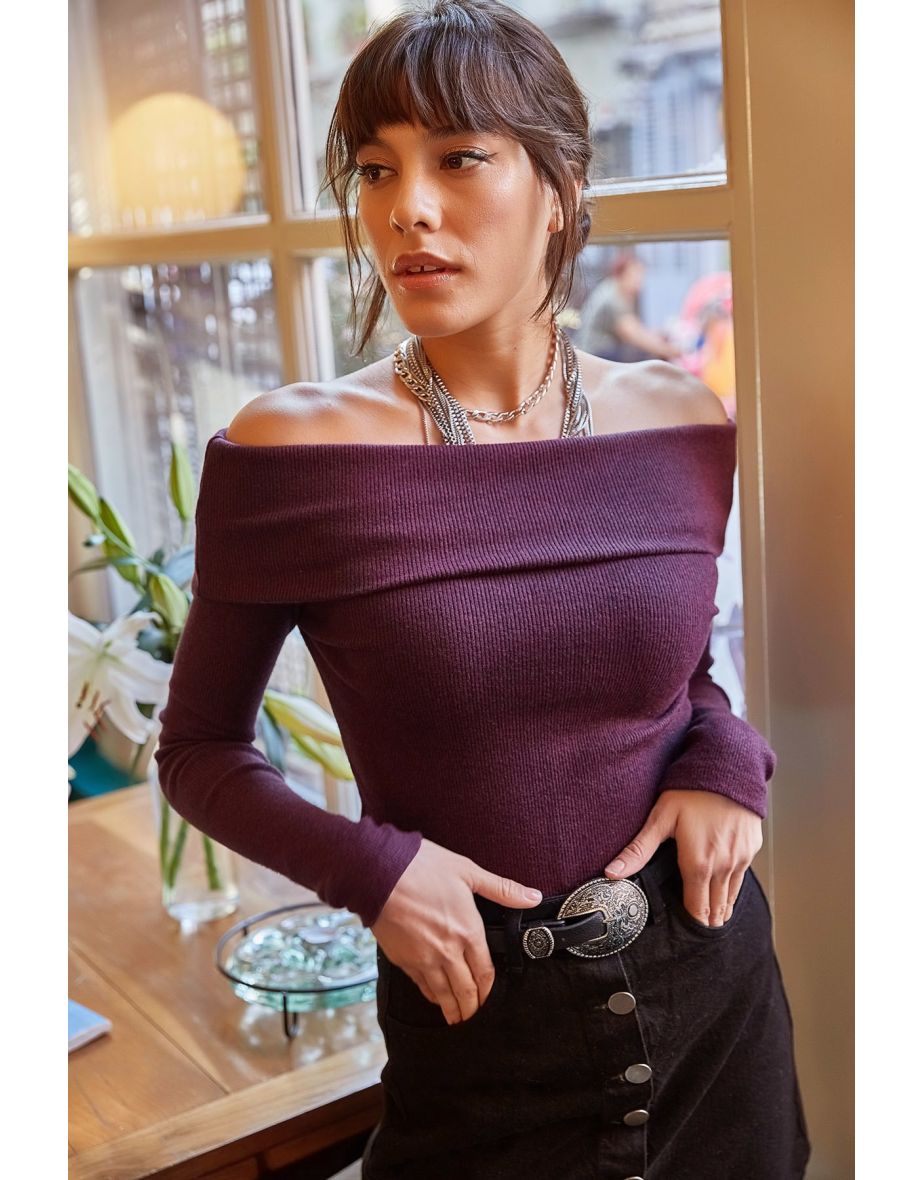 Women's Plum Madonna Collar Raised  Sweater