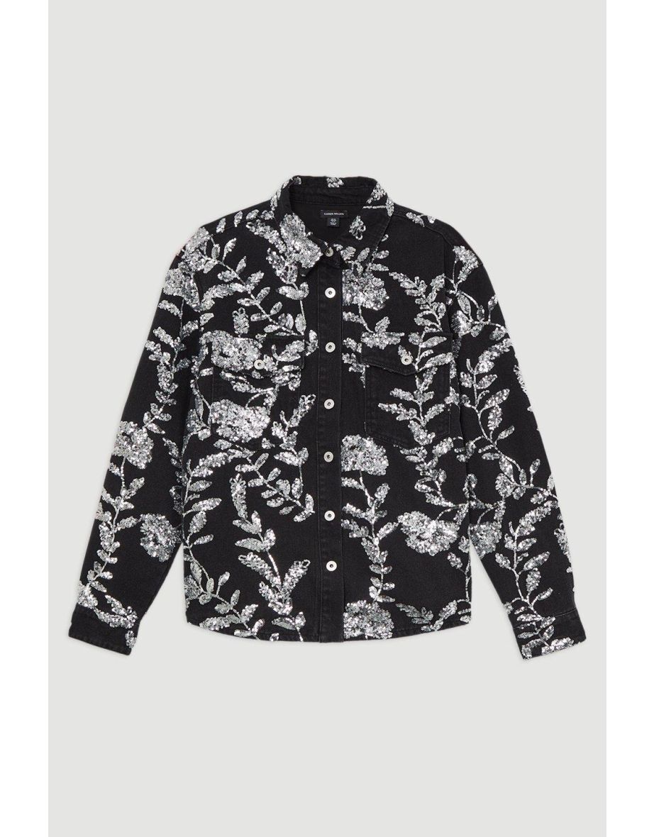 Denim All Over Floral Sequin Jacket - 3