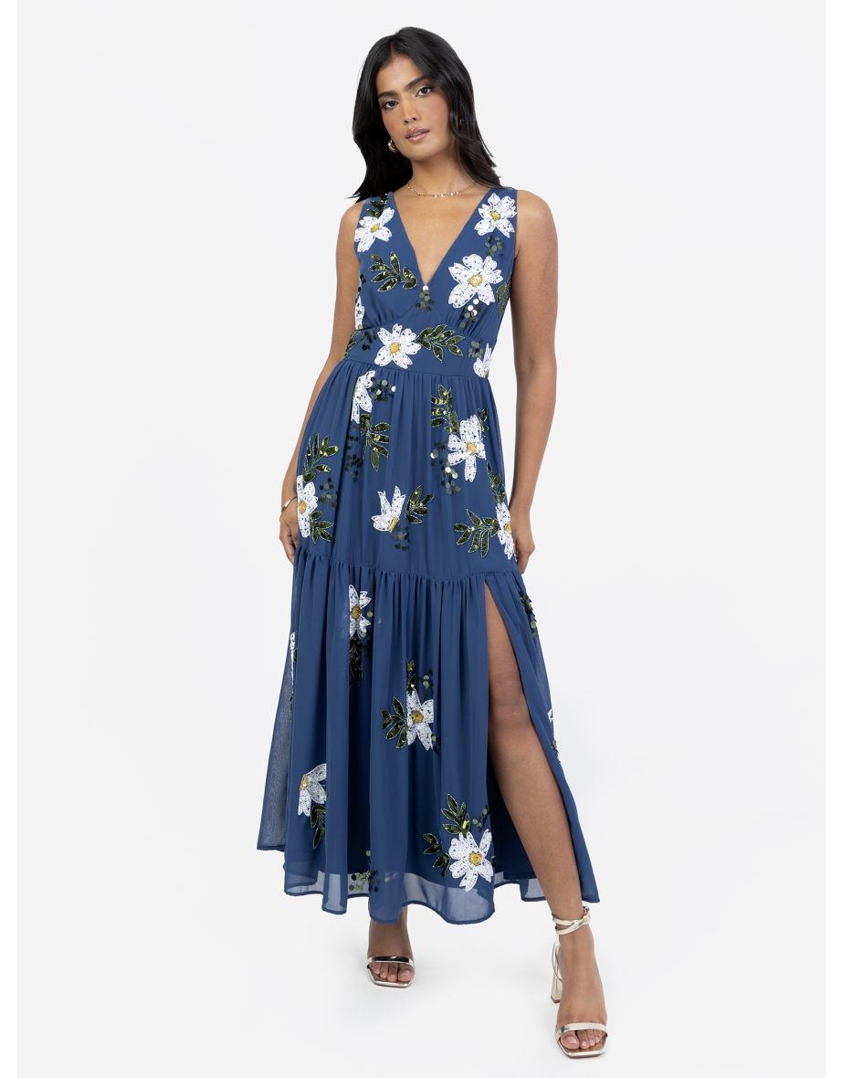 Maya Blue Floral Embellished V Neck Midaxi Dress with Split