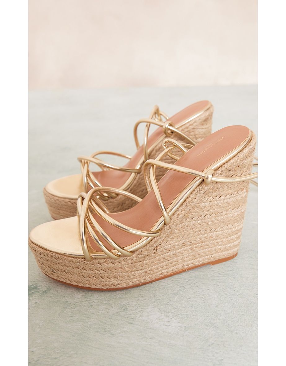 Gold Wide Fit Espadrille Multi Lace Up Platform Wedges - 3