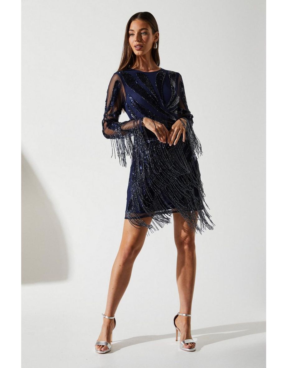 Petite Hand Embellished Fringe Sequin Mini Dress
