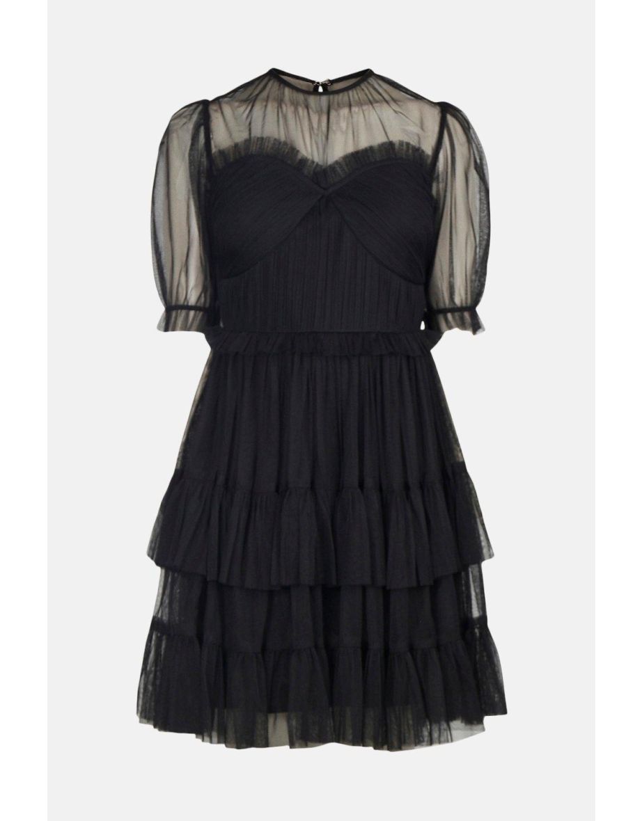 Puff Sleeve Tulle Tiered Mini Dress - 3