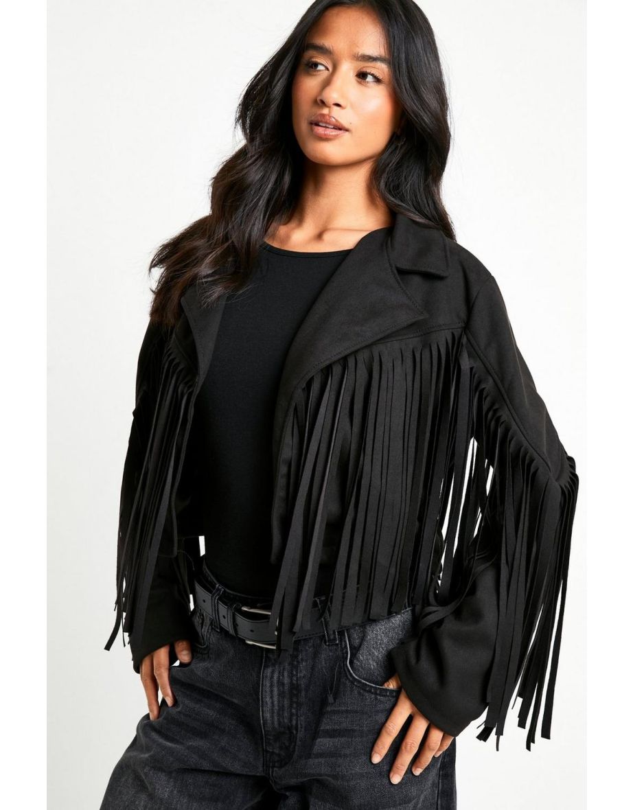 Petite Suede Look Fringe Jacket - black - 3