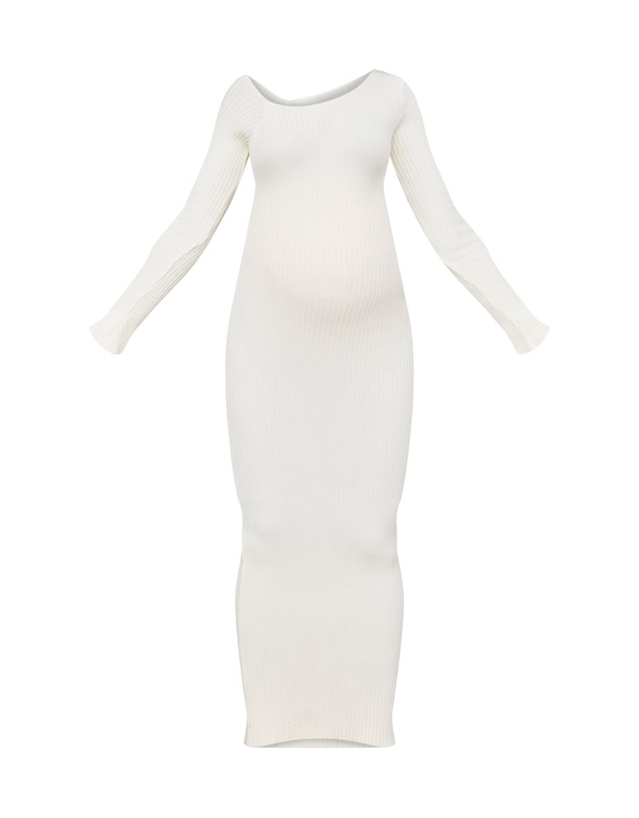 Maternity Cream Asymmetric Long Sleeve Rib Knit Maxi Dress - 4