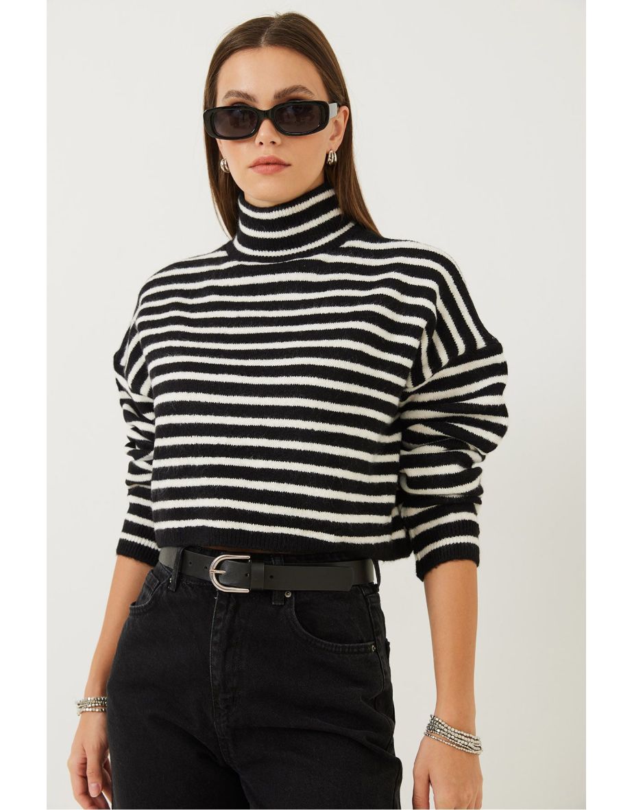 Women's Striped Half Turtleneck Crop Knitwear Sweater