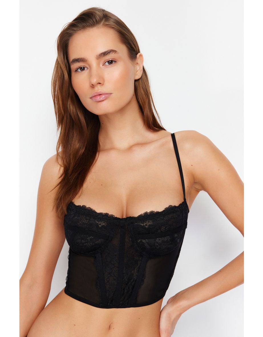 Black Lace Underwire Detailed Coverless Bustier Bra - 6