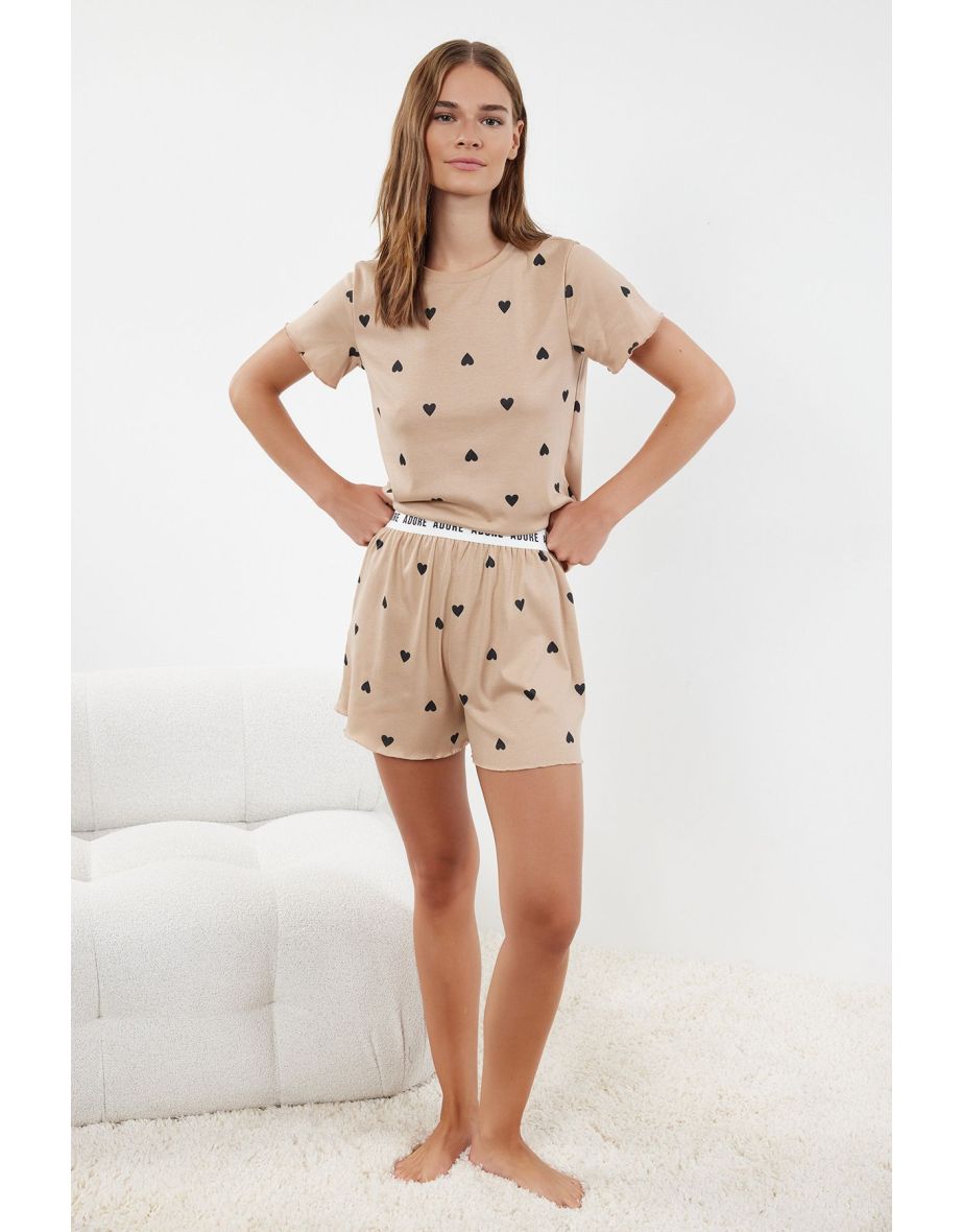 Beige Heart Slogan Printed Rubber Detailed Corded Knitted Pajama Set