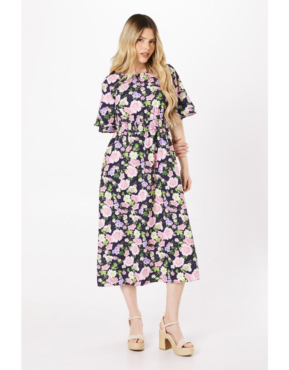 Floral Double Frill Sleeve Shirred Waist Midi Dress