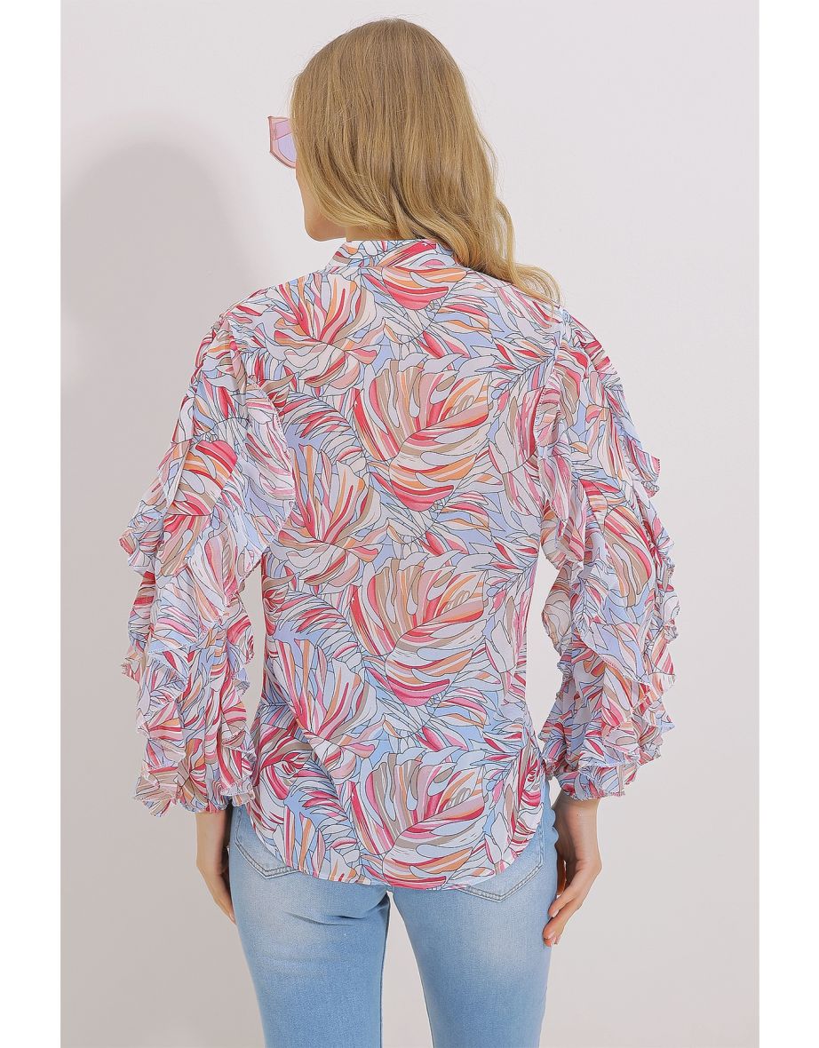 Women's Pink Big Collar Sleeves Flounce Patterned Chiffon Shirt - 7