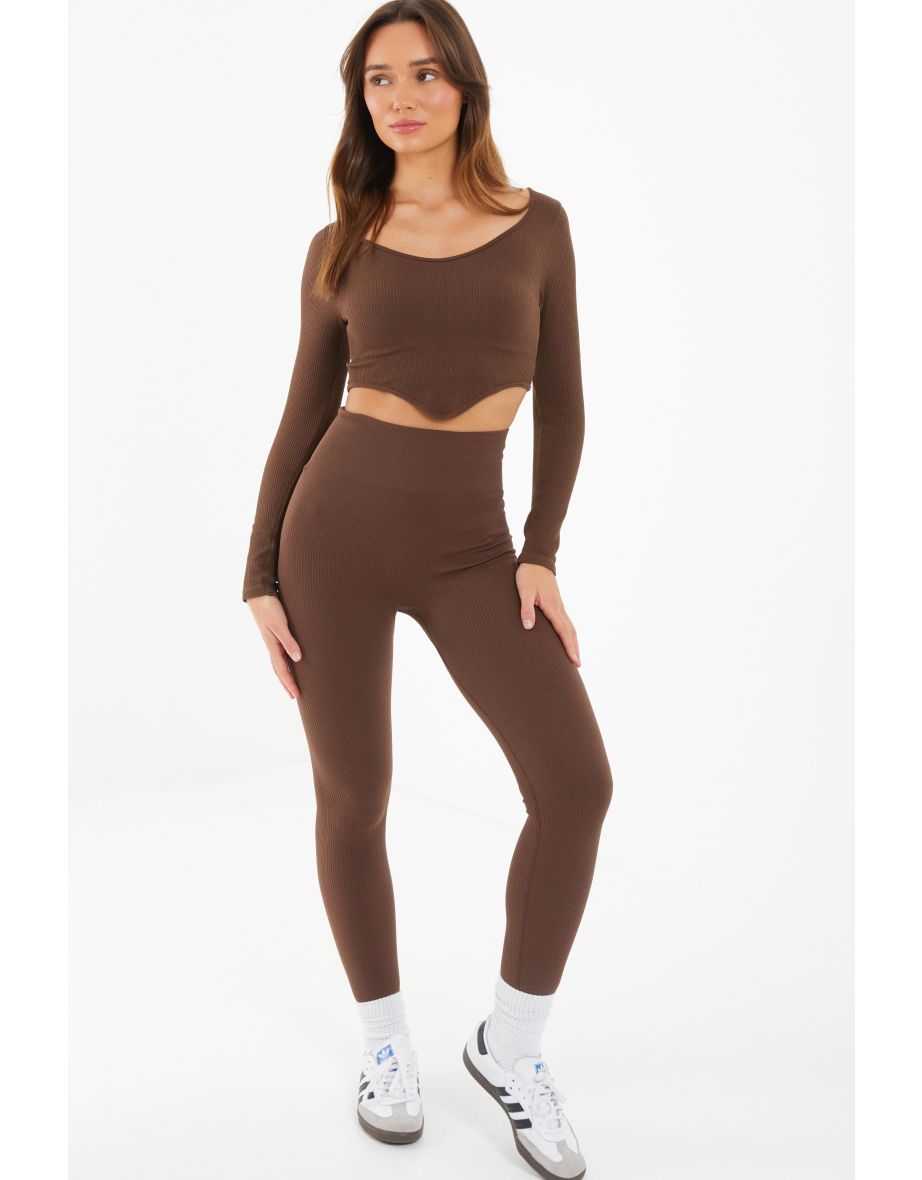 Brown Knit Ribbed Leggings