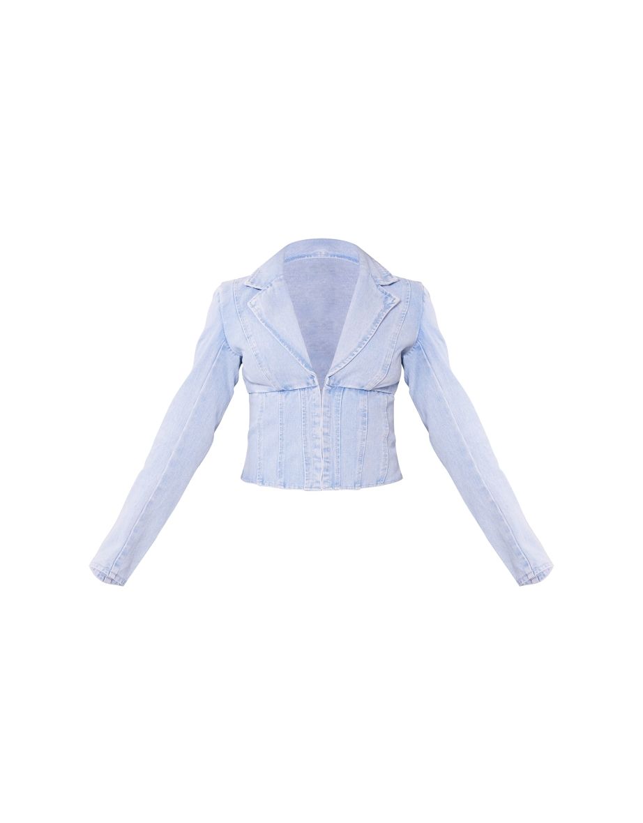 Light Blue Wash Corset Detail Cropped Denim Jacket - 4