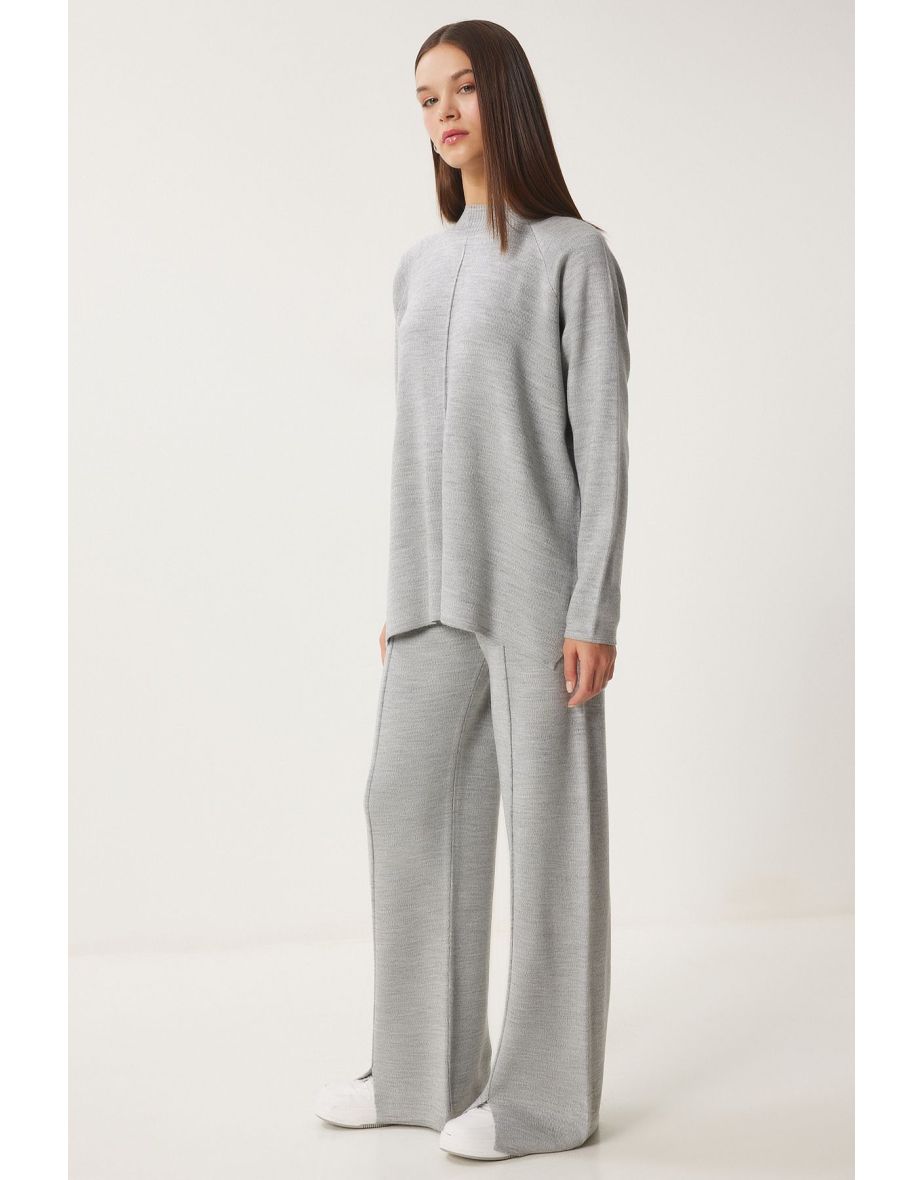 Women's Light Gray Stylish Knitwear Sweater Trousers Set
