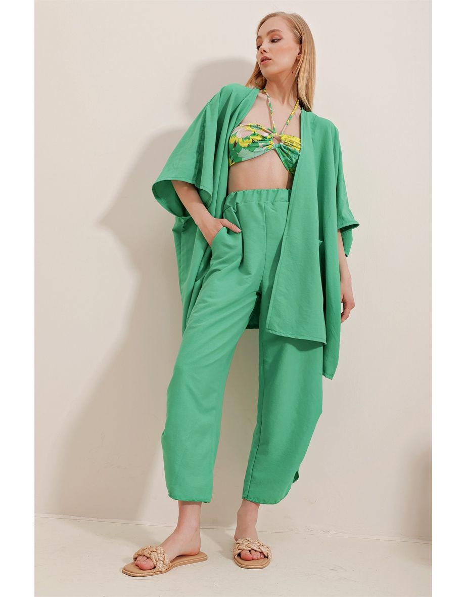 Women's Green With Slit Legs, Textured Trousers and a Jacket Double Suit