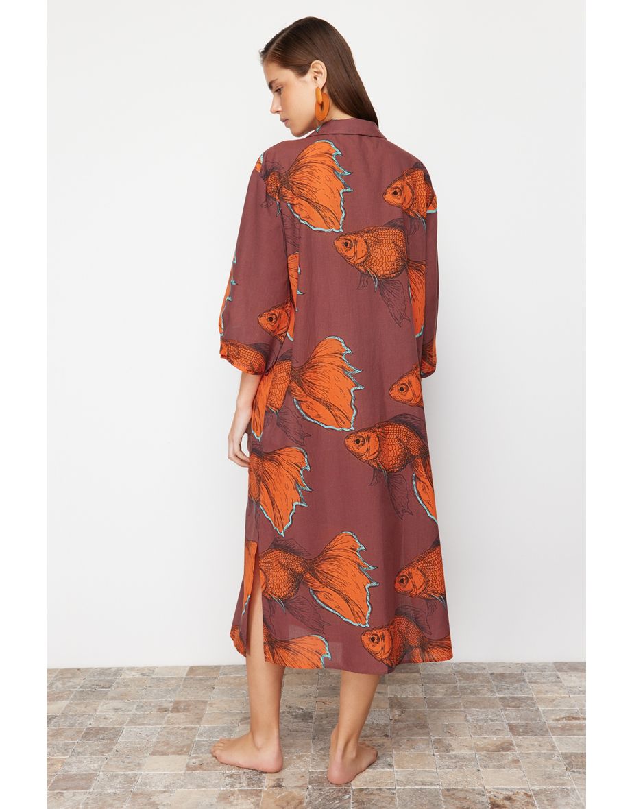 Brown-Multicolored Slogan Regular Woven 100% Cotton Dress - 4