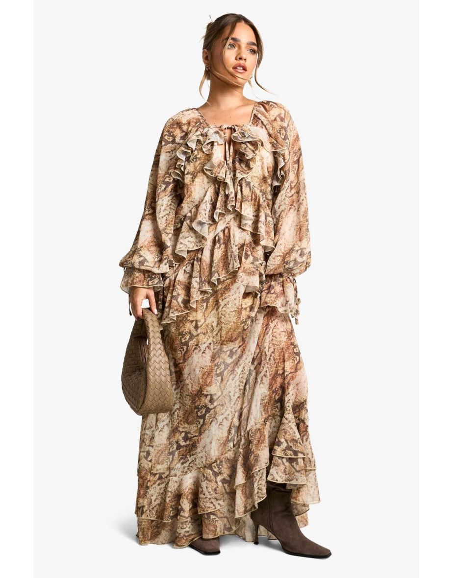 Petite Snake Ruffle Detail Chiffon Maxi Dress - natural