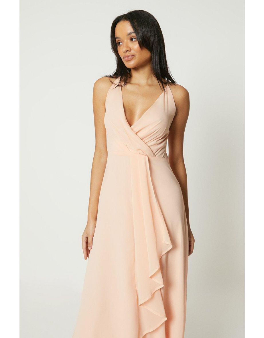 Debut London Waterfall Wrap Cross Back Bridesmaids Dress - peach - 3