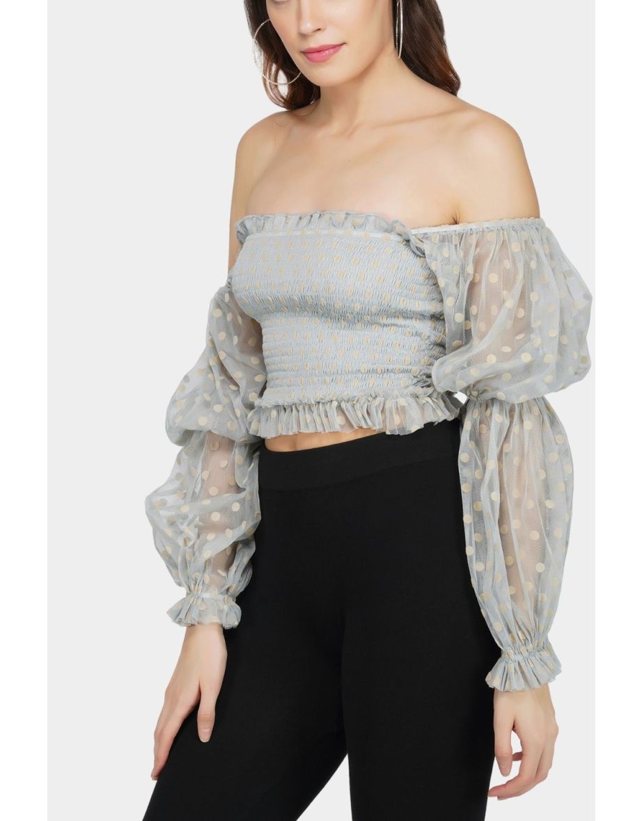 Keira Mesh Polka Dot Top in Dusty Blue