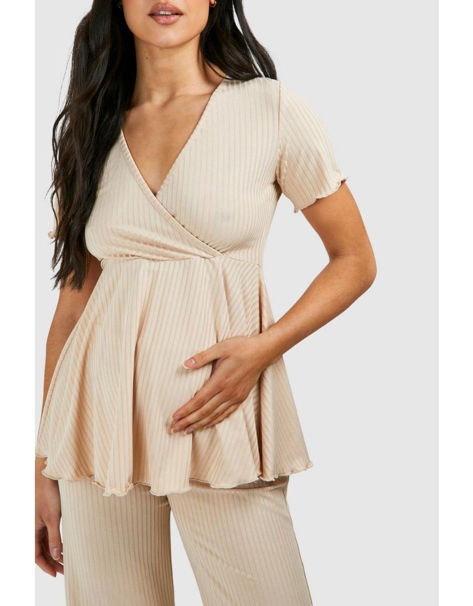 Maternity Rib Peplum Top Wide Leg Lounge Set - stone - 3