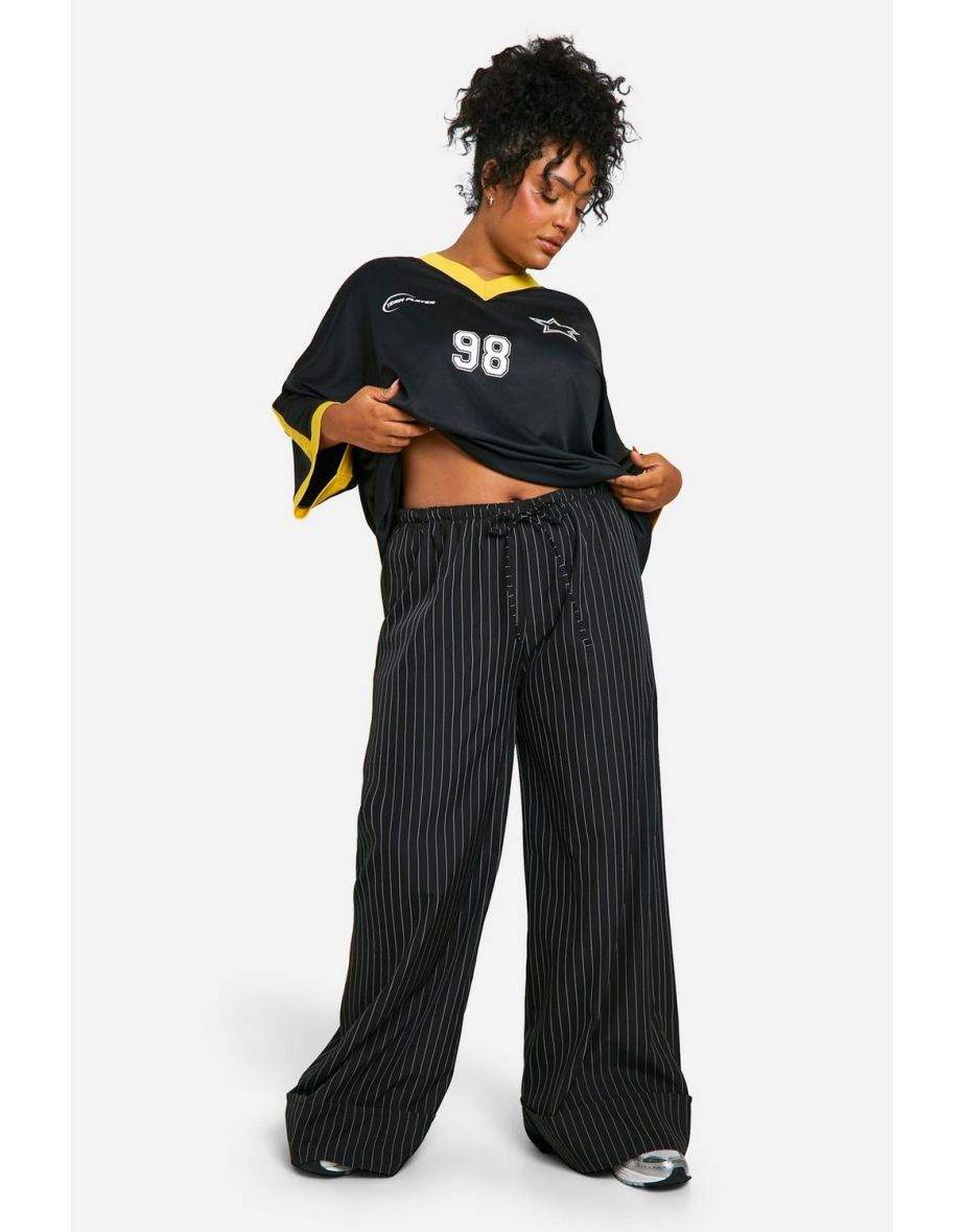 plus elasticated waist stripe turn up hem trouser - black