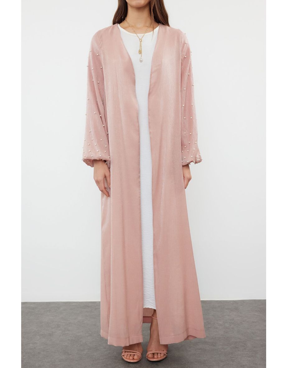 Dusty Rose Shiny Fabric with Pearl Detail Woven Cap & Abaya - 6