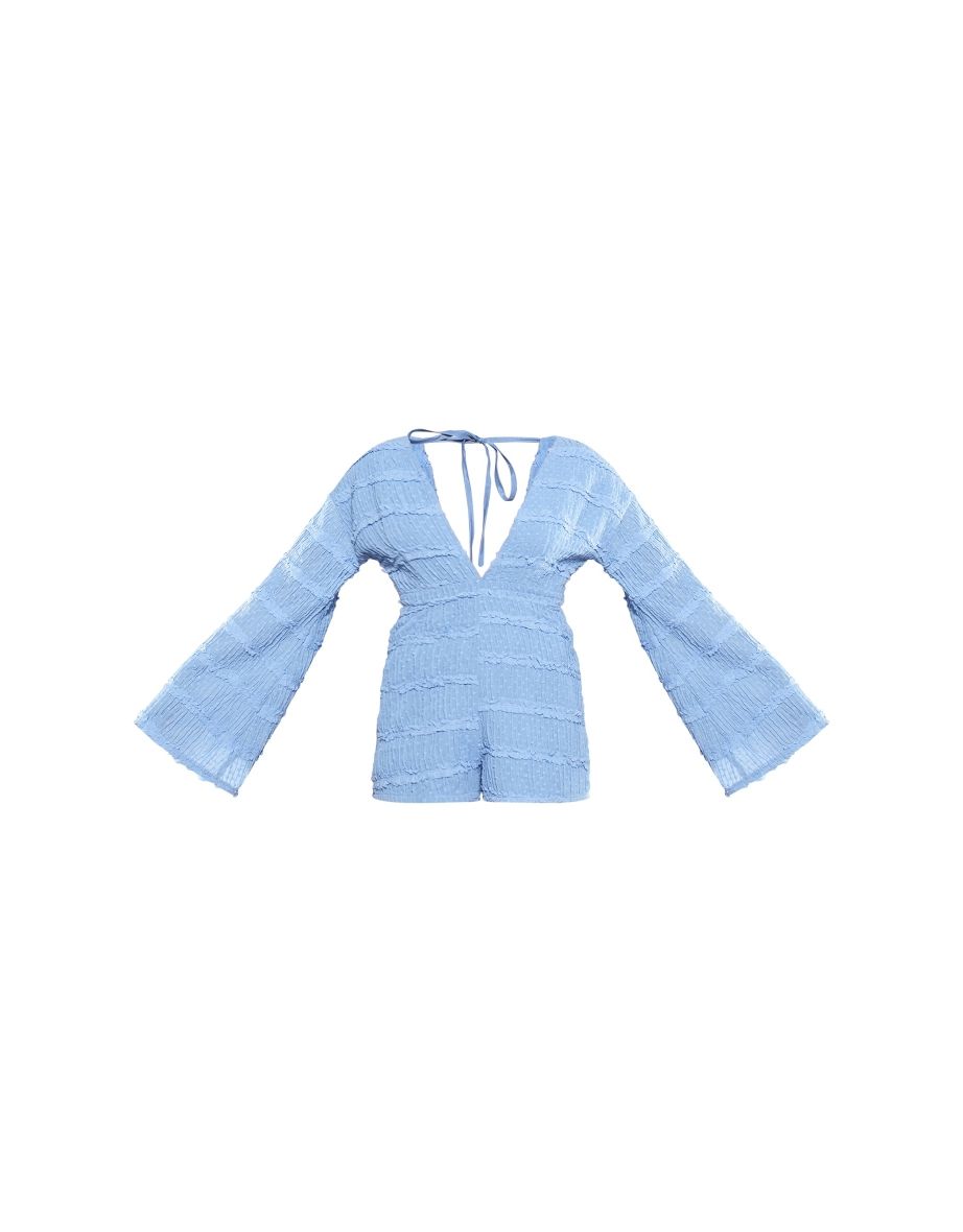Dusty Blue Dobby Textured Flare Sleeve Plunge Playsuit - 4