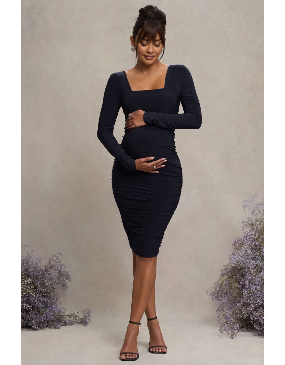 New Life | Navy Maternity Square Neck Ruched Midi Dress