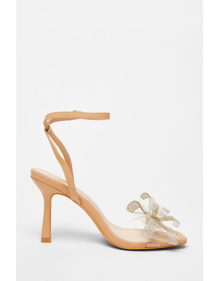 Nude Diamante Bow Heels - 4