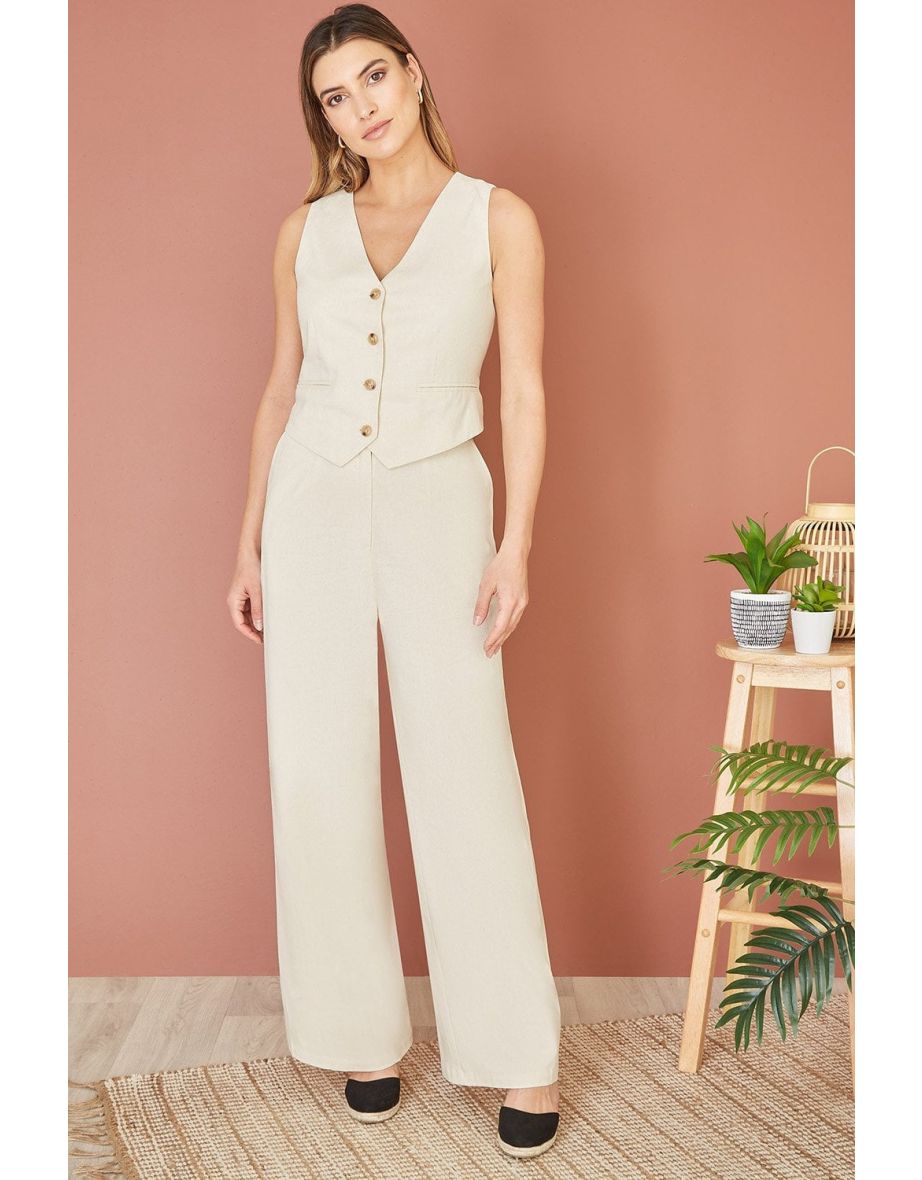 Yumi Beige Sustainable Cotton And Ramie Wide Leg Trousers