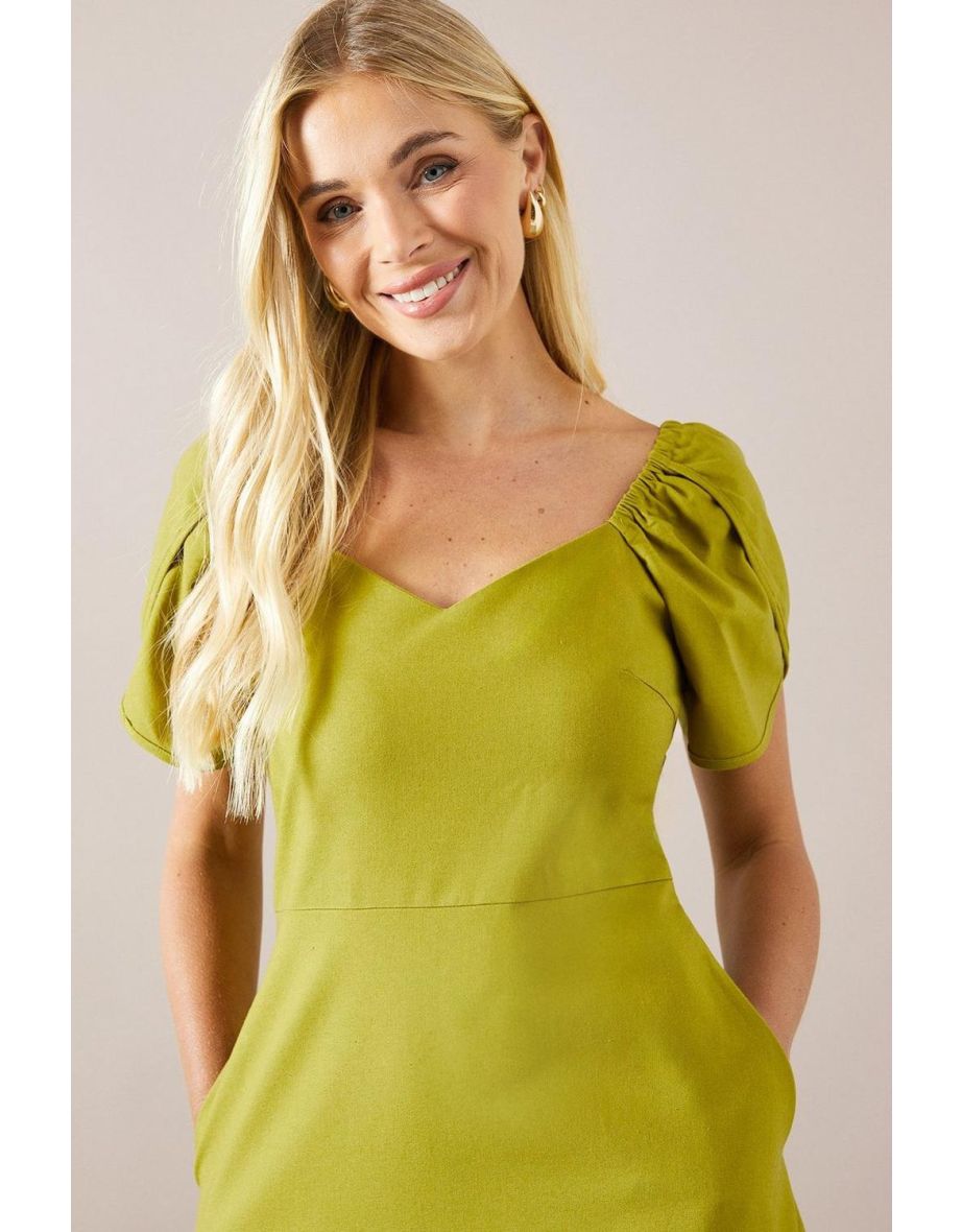 Petite Sweetheart Neck Tulip Sleeve Linen Dress - 3