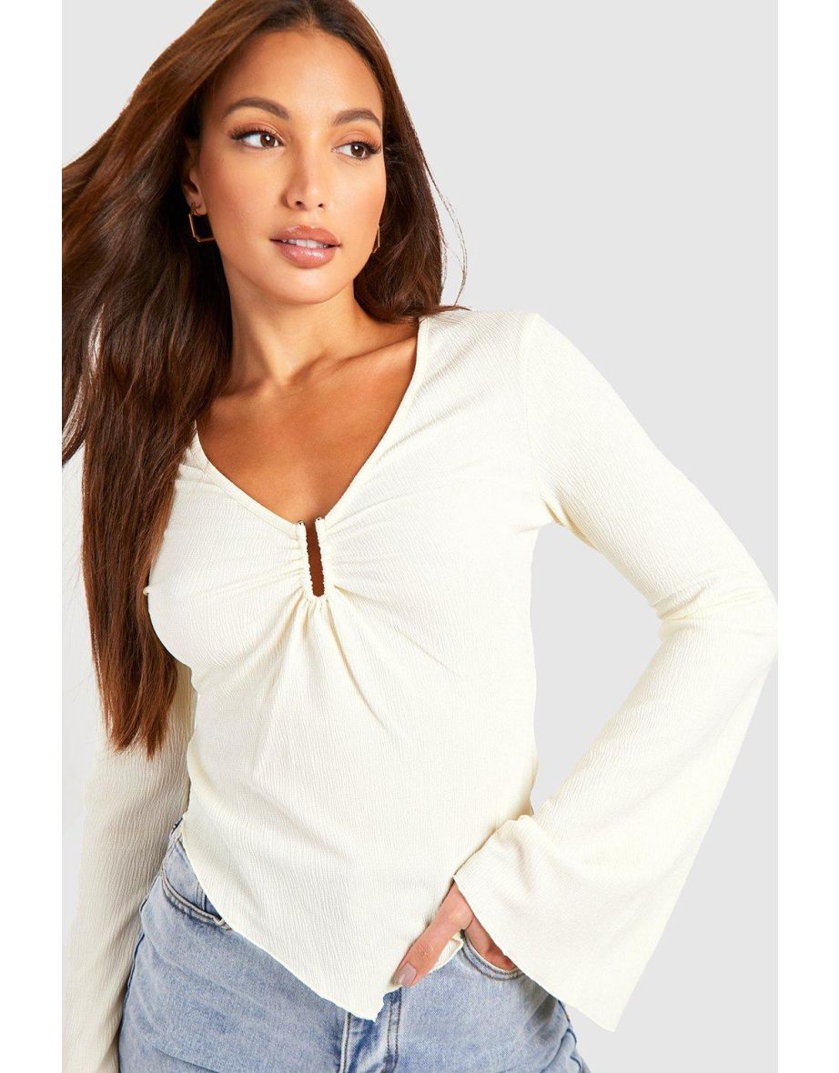 Tall Textured Long Floaty Sleeve Bar Detail Top - white - 3